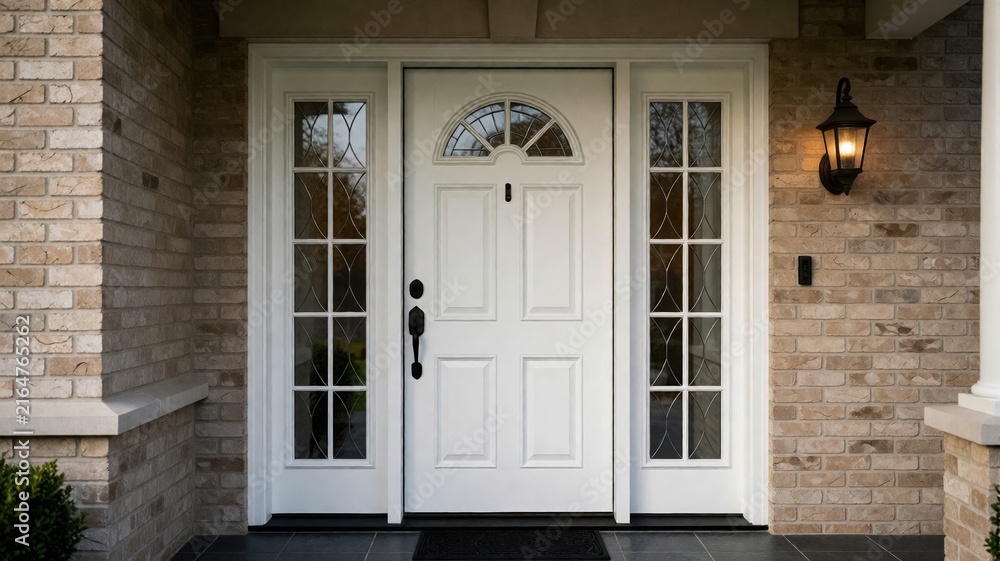 Obraz premium Traditional white front door with sidelights and brick exterior