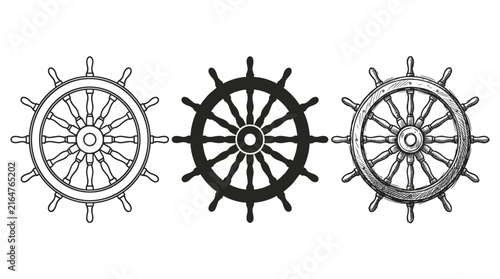 Three Pirate Ship Steering Wheels: Outline, Silhouette, and Hand-Drawn Styles