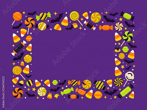 Halloween Candy Collection Featuring Colorful Sweets and Spooky Bats on Purple Background