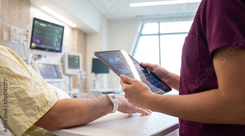 Healthcare Worker Scanning Patient QR Code Wristband with Digital Tablet