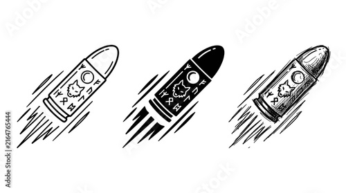 Canvas Print Three monochrome icons of flying silver bullets with wolf and runic engravings, in outline, solid fill, and hand-drawn sketch styles