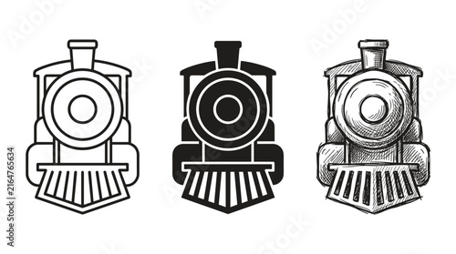 Three steam trains shown from a front view, featuring cowcatchers, in outline, solid black, and sketch styles