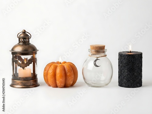 Halloween Decor Set Featuring Lantern Candle Pumpkin Moon Jar and Black Candle