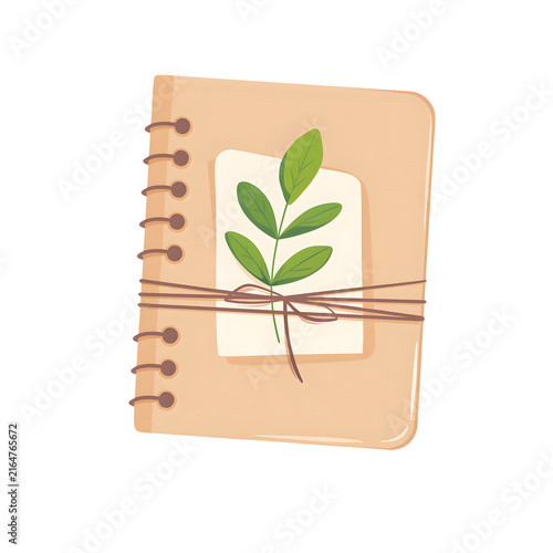 Botanical spiral notebook with green leafy sprig, paper card and tied cord, cozy journaling stationery illustration on a transparent background