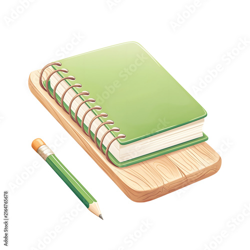 reen spiral notebook and pencil on wooden board, educational stationery illustration for school study and note taking on a transparent background