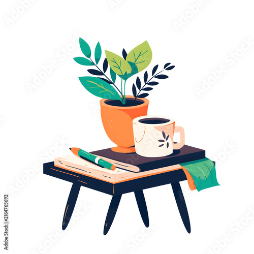 Cozy side table with stacked books, coffee cup, pen and potted plant, reading and home study still life illustration on a transparent background