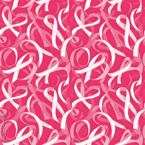 Dense overlapping pink and white breast cancer awareness ribbons on vivid fuchsia background, bold charity textile and packaging seamless pattern