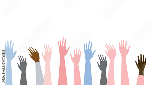 Diverse raised hands forming horizontal lower border, community participation, volunteering and inclusion illustration on a transparent background