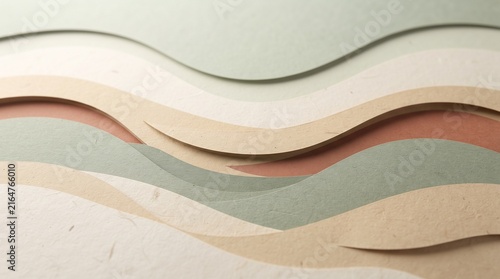 Abstract paper cut background featuring layered curved shapes in muted earth tones and soft green.