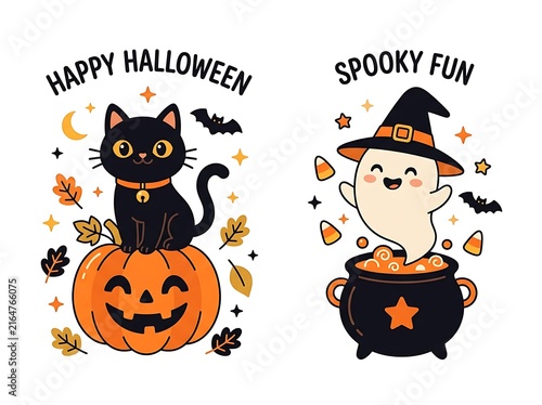 Happy Halloween cartoon illustration featuring black cat on pumpkin and ghost in cauldron