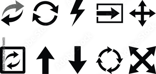 Black navigation arrow icons set featuring refresh, repeat, directional, lightning, and full screen vectors for app UI design