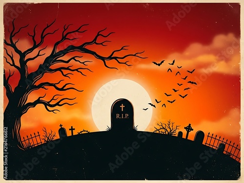 Haunting Cemetery Scene Under Blood Moon with Flying Bats and Gravestones