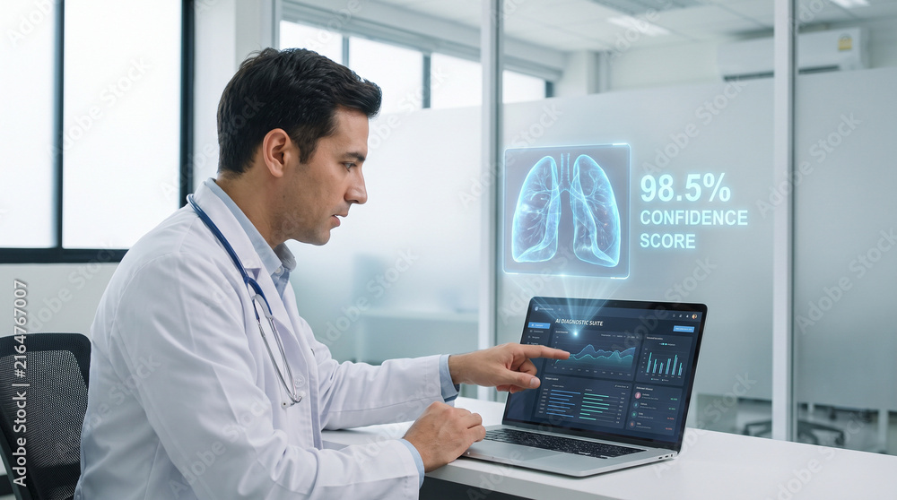 Fototapeta premium Doctor Using AI Diagnostic Laptop with Holographic Lung Scan in Clinic