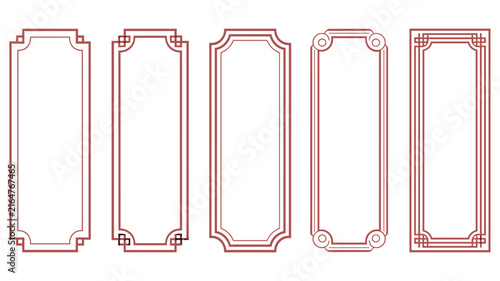 Set of five vertical rectangular frames with traditional chinese geometric patterns and borders