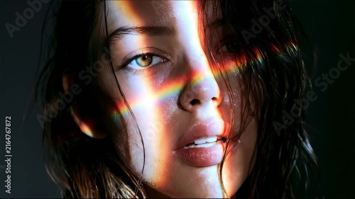 Close-up beauty portrait of a young woman as moving rainbow light reflections illuminate her face, creating a vibrant artistic fashion scene with colorful cinematic lighting
