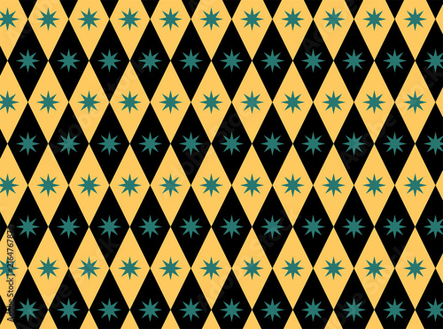 Foto Seamless geometric pattern featuring repeating yellow diamond shapes and teal starburst motifs on a black background