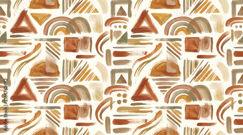 Abstract geometric seamless pattern of hand-painted warm earthy tones brush strokes