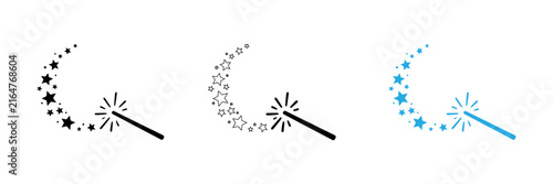 Set of three magic wand icons with sparkling stars in black and blue colors on white background