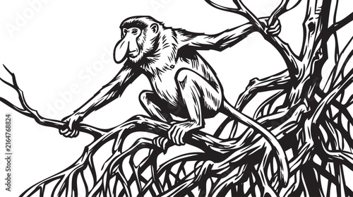 Photography Proboscis monkey illustration, black and white sketch of orangutan on tree, deta