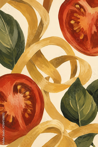 Ribbon Pasta with Tomatoes and Basil – Food Illustration