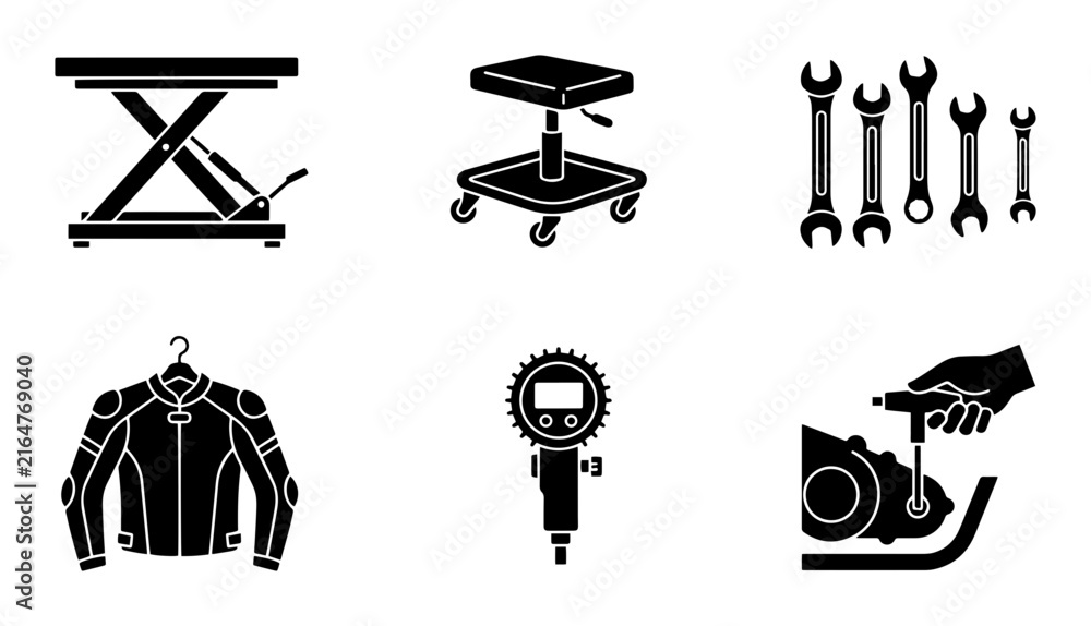 Naklejka premium Motorcycle Repair Tools and Gear Icons: Wrench, Lift, Jacket, Gauge, Engine, Stool