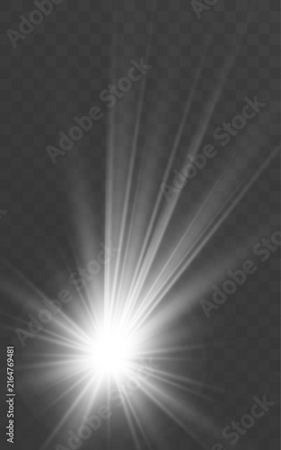 Bright white spotlight with radiant light rays isolated on transparent background
