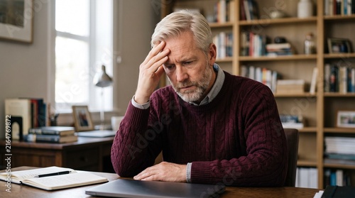 Stressed senior man with headache in home office, worried mature businessman feeling overwhelmed, tired elderly male suffering from migraine