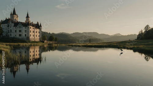 Historic white castle situated on lake shore with distant misty mountain hills and a solitary bird in shallow water, created with generative ai.