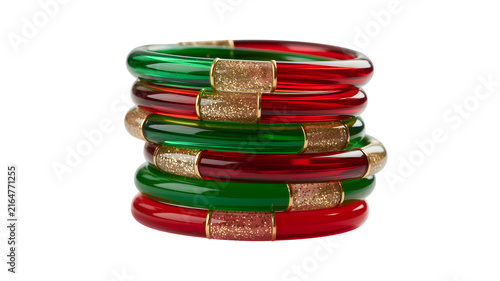 Stacked red green bangles with gold glitter accents