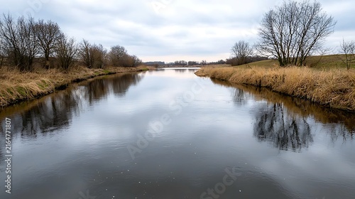 Tranquil River Scene with Trees and Cloudy Sky