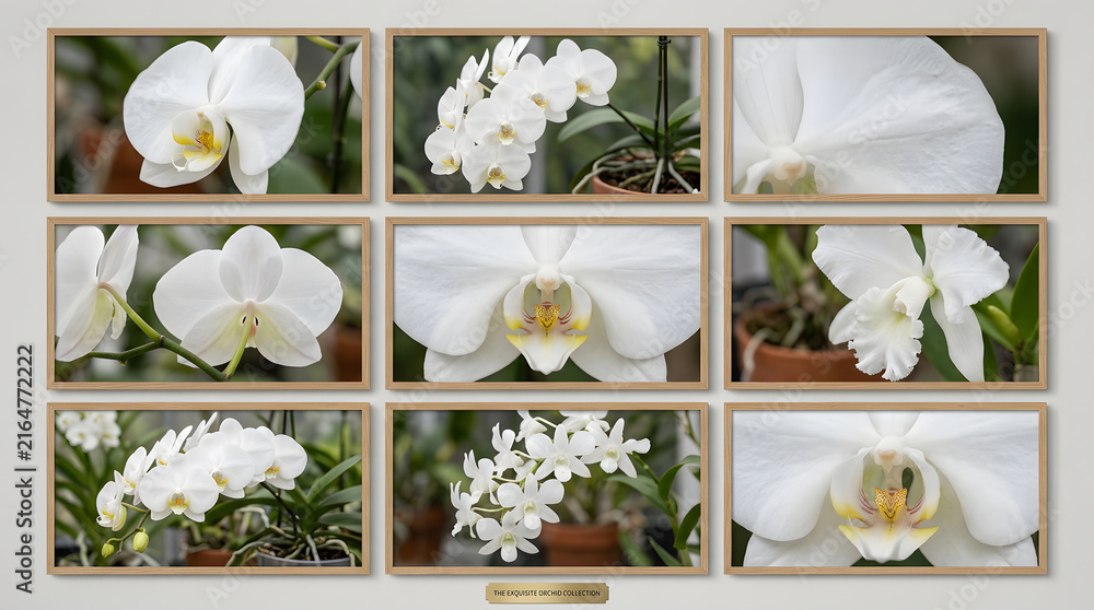 Collage of beautiful blooming white orchid flowers with detailed macro shots and full plant views