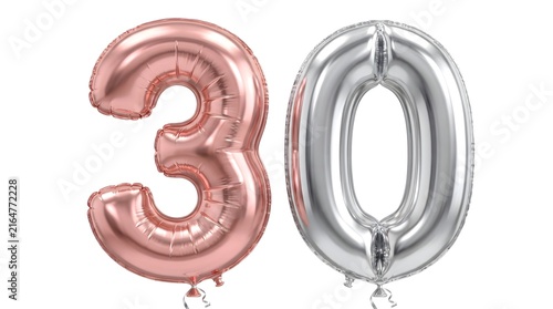 Rose gold number three and silver number zero foil balloons celebrate a thirtieth birthday anniversary event with metallic reflective textures and a clean white finish
