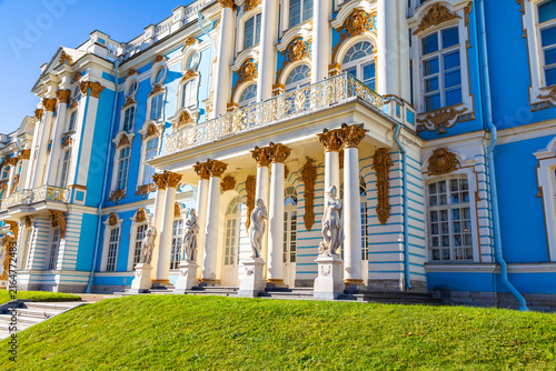 Grand blue palace gleams under bright sun