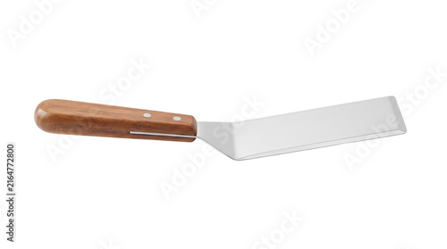 Stainless steel egg spatula for cooking, breakfast preparation, home kitchens and professional culinary use. Isolated on White background.