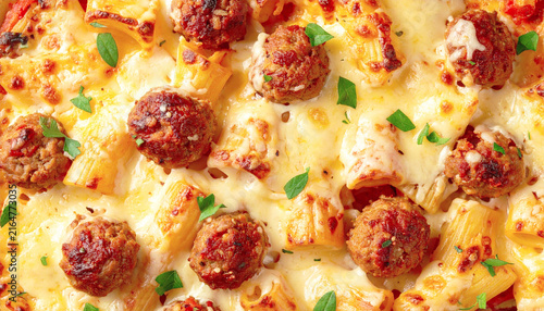 Cheesy baked ziti and meatballs, top view, full frame. AI