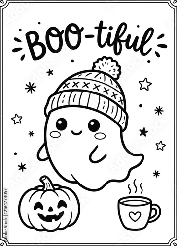 Delightful halloween coloring page featuring an adorable ghost in a winter hat a smiling pumpkin and a cozy mug perfect for kids and adults alike