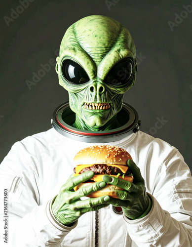 Green alien in a space suit eating a cheeseburger. AI