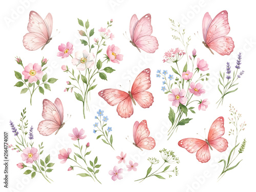 Watercolor Pink Butterflies and Wildflowers Set Isolated on White Background