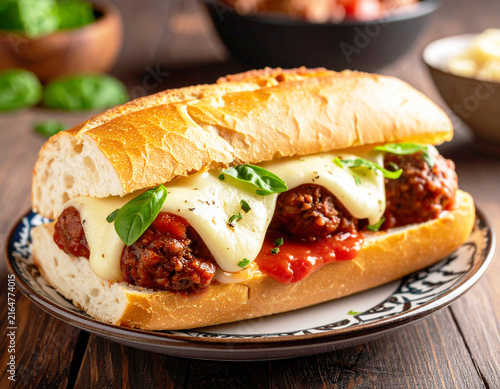Meatball and mozzarella cheese sub, rustic background. AI