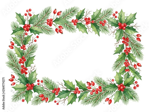 Watercolor Christmas holly and pine branch frame isolated on white background