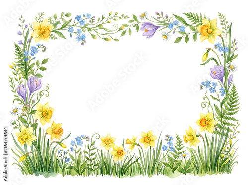 Watercolor spring flower frame with yellow daffodils and purple crocus on white background
