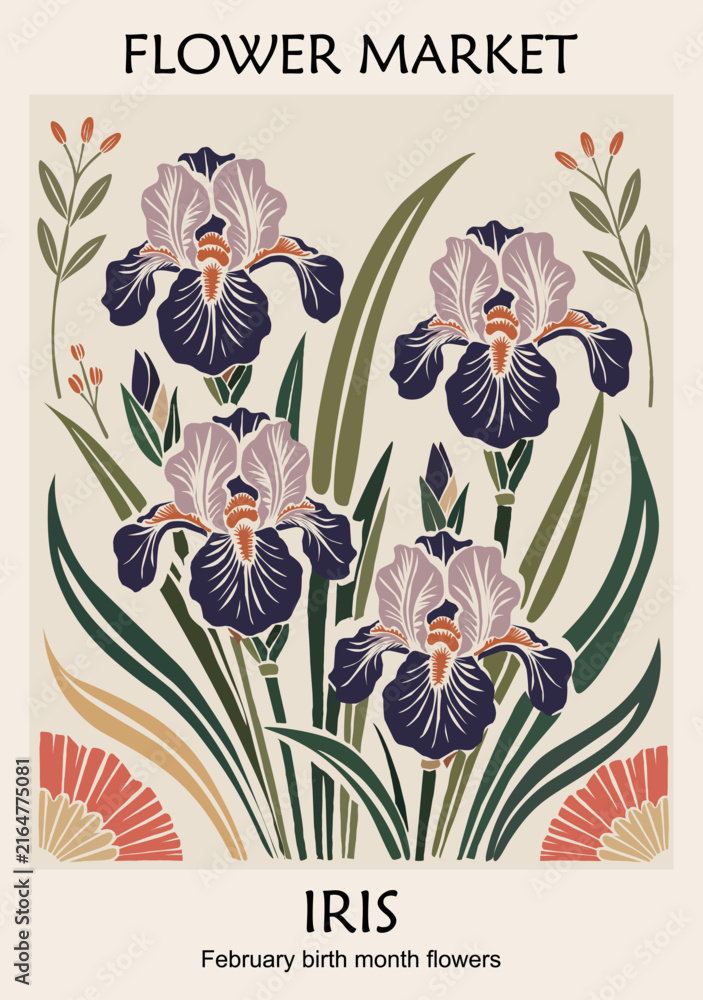 Fototapeta premium Vibrant iris blooms grace a vintage market poster. Deep purple petals contrast with soft peach tones. Green leaves frame flowers with elegant, hand-drawn flair