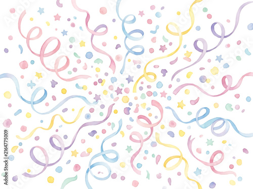 Watercolor party confetti and streamers background for festive celebration design.