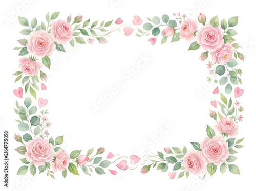 Watercolor Pink Rose Floral Frame Border with Green Leaves and Hearts Isolated on White