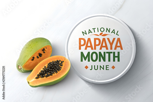 National papaya month june promotional graphic with fresh tropical fruit halves on a light surface