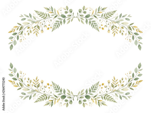 Watercolor floral oval frame with green leaves and branches isolated on white background