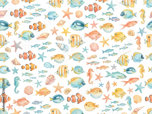 Watercolor seamless pattern with tropical fish, seahorses, and seashells on white background