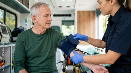 Female paramedic placing blood pressure cuff on senior patient inside ambulance. Emergency medical technician checking arm vital signs