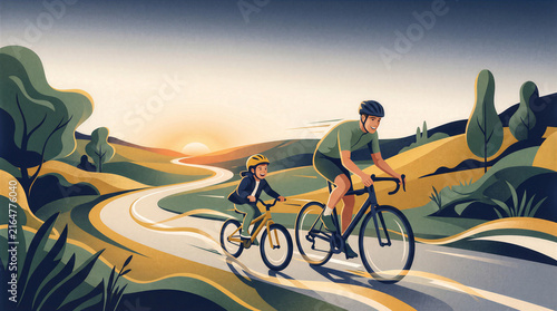 Happy Father's Day Illustration Proud Dad Cycling With Little Son Outdoors On Country Road At Sunset Beautiful Family Bonding Activity Athletic Active Lifestyle Vector Graphic Concept For Greeting