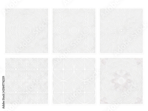 Set of six intricate geometric mandala line art patterns for coloring book pages